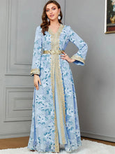 Muslim Suit Set For Africano Woman Party Moroccan Dubai Dress Fashion Printing Full Sleeve Belted Turkish Clothing Light Blue Dress